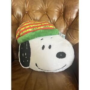 NWT Peanuts Snoopy Head Christmas Throw Pillow Santa Winter Hat Fluffy Plush